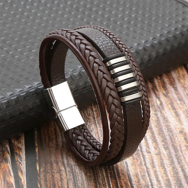 Bracelete masculino de couro e aço inoxidável - estilo clássico