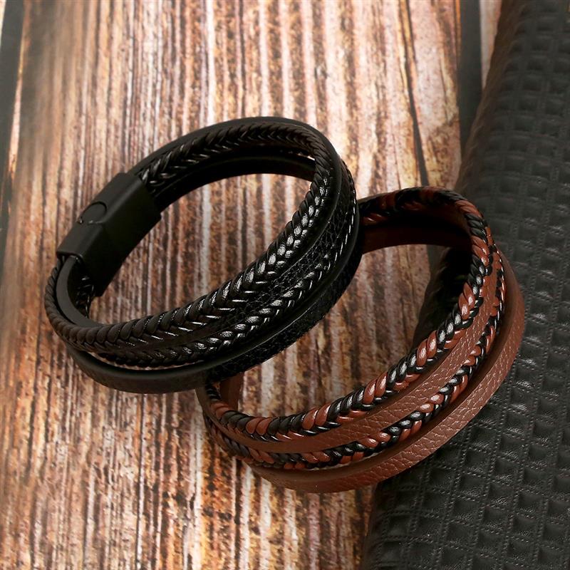 Bracelete masculino de couro e aço inoxidável - estilo clássico