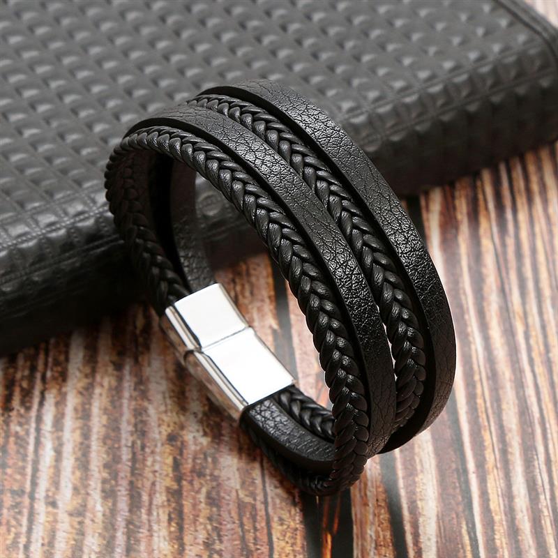 Bracelete masculino de couro e aço inoxidável - estilo clássico