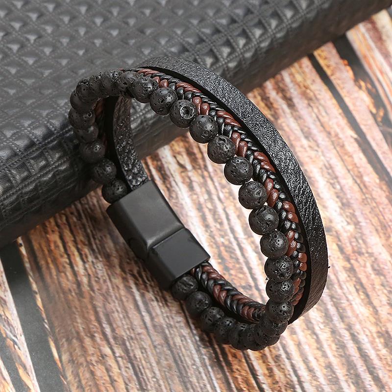 Bracelete masculino de couro e aço inoxidável - estilo clássico