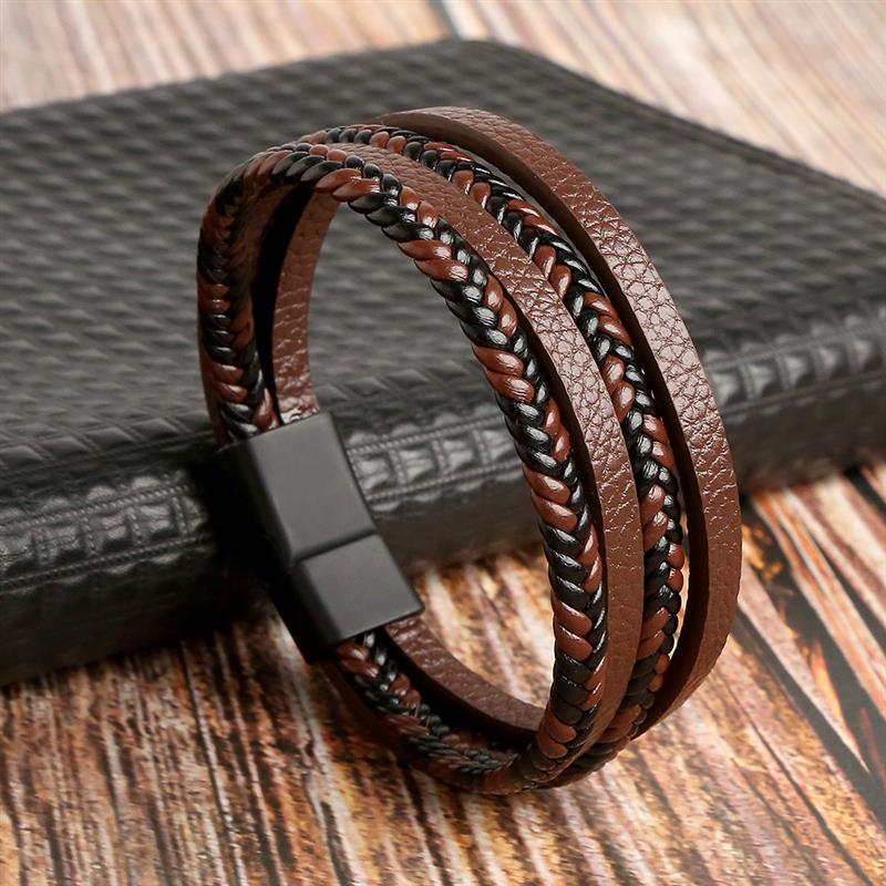 Bracelete masculino de couro e aço inoxidável - estilo clássico