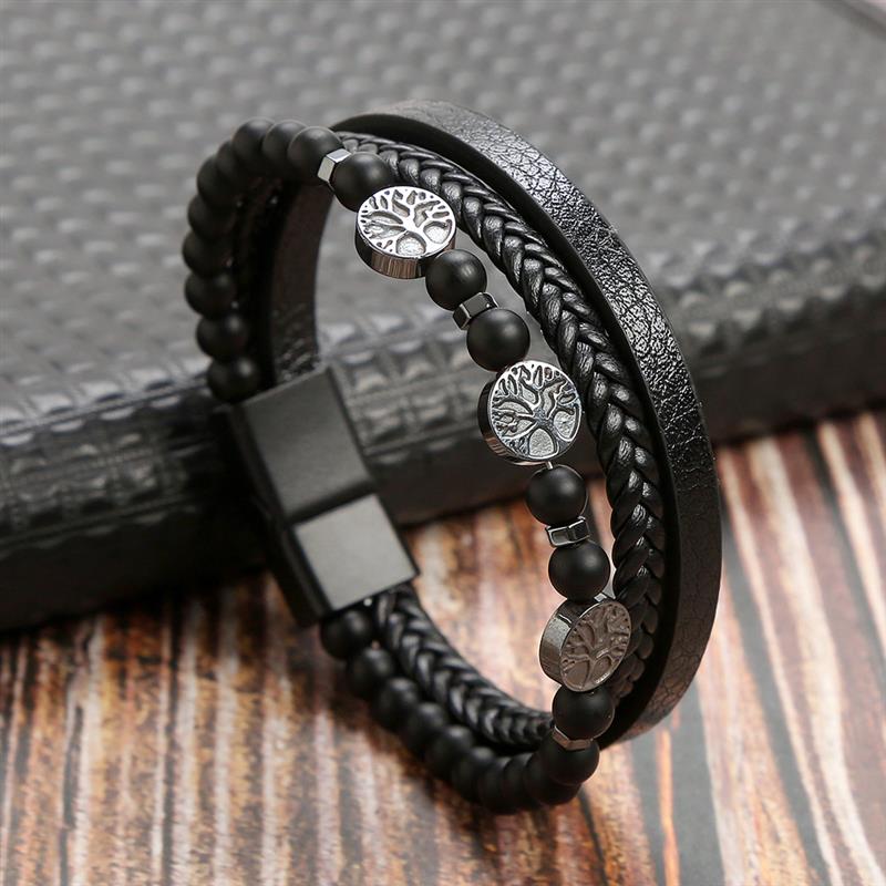 Bracelete masculino de couro e aço inoxidável - estilo clássico