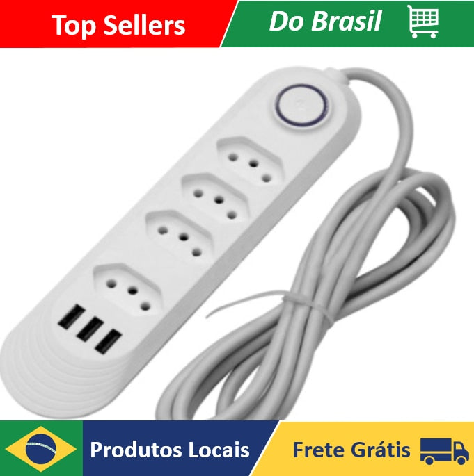 extensão 2 metros 3/4 soquetes e 3 entrada USB com botão on/off