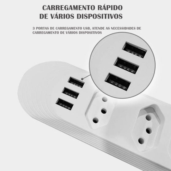 extensão 2 metros 3/4 soquetes e 3 entrada USB com botão on/off